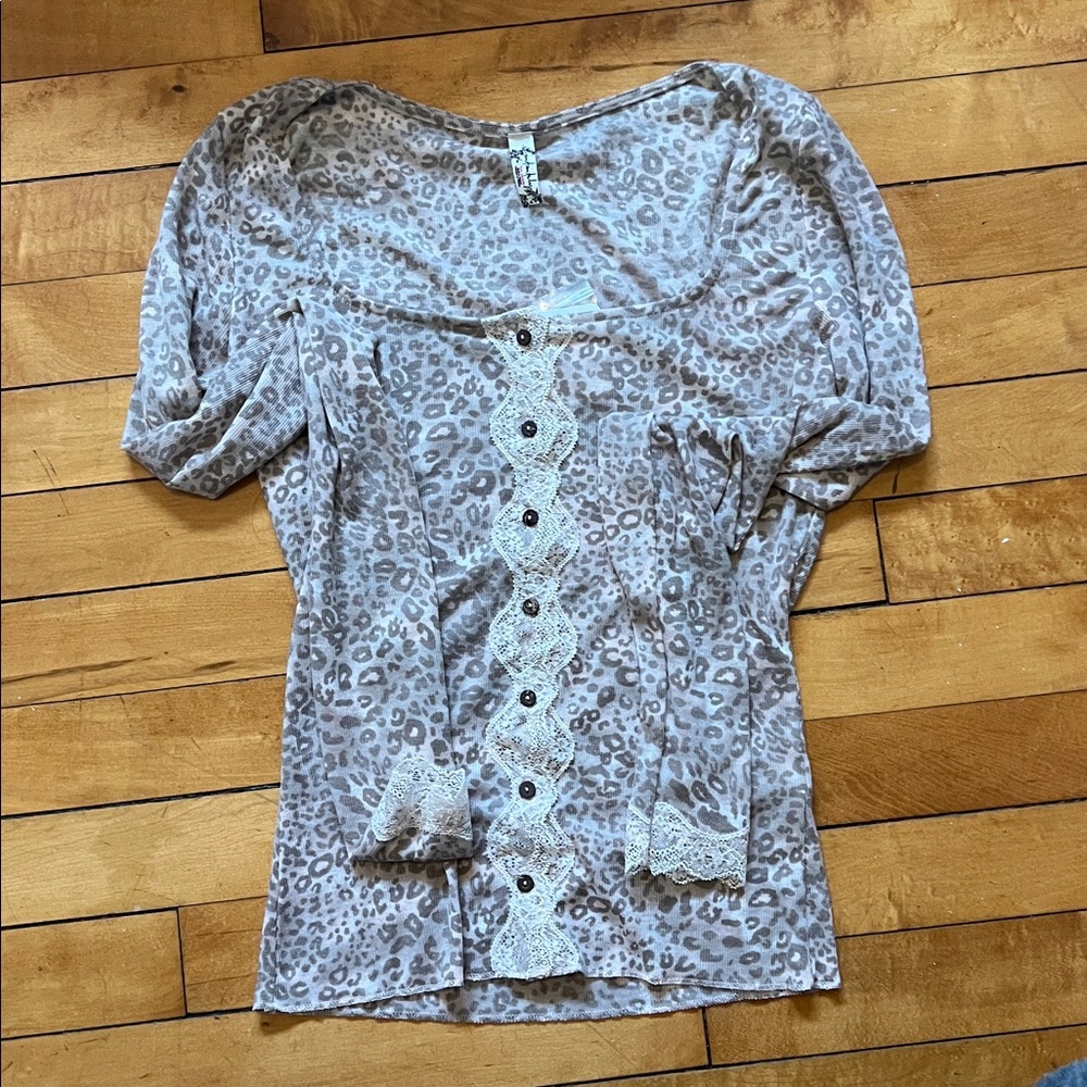 Free People Animal Print Lace Detail Top